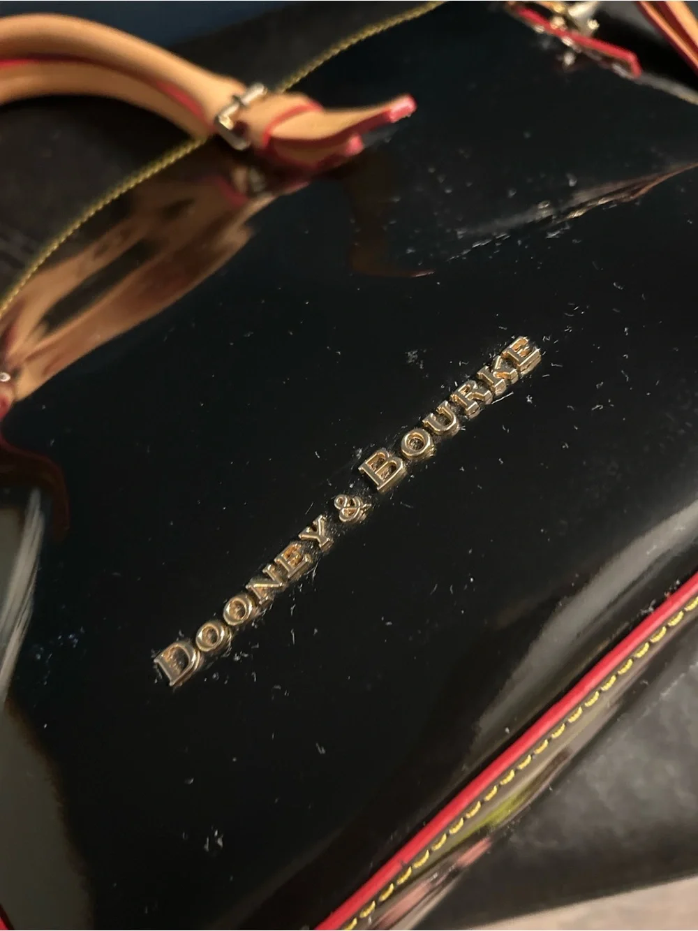 Dooney Bourke Black Patent and Tan Leather Satchel Shoulder Bag